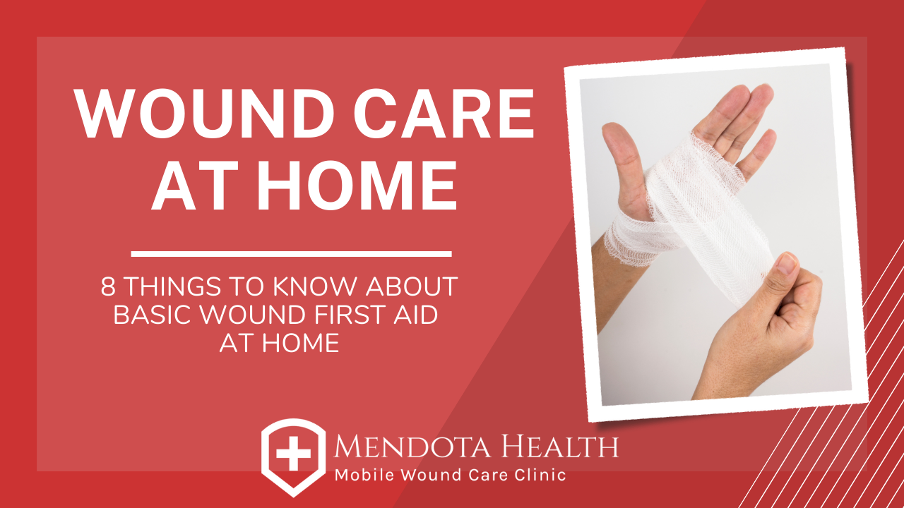 Wound care at home title on red background. Person putting bandage around left hand.