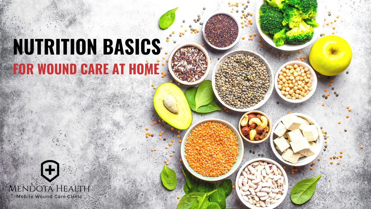 Nutrition Basics for Wound Care at Home next to bowls of food.