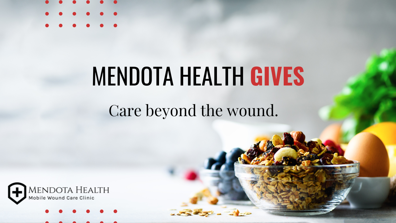 Mendota Health Gives text with background of a bowl of granola and other food behind it.