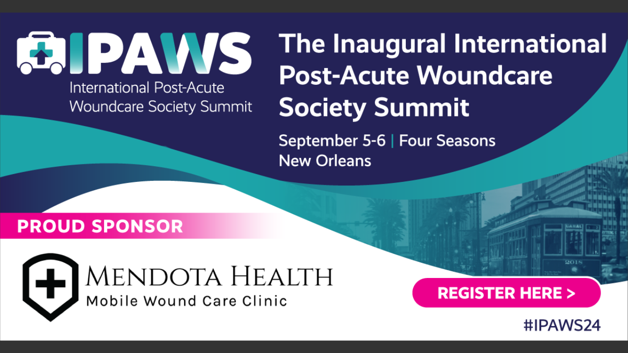 Information about the International Post-Acute Woundcare Society Summit on a blue, green, and white background.
