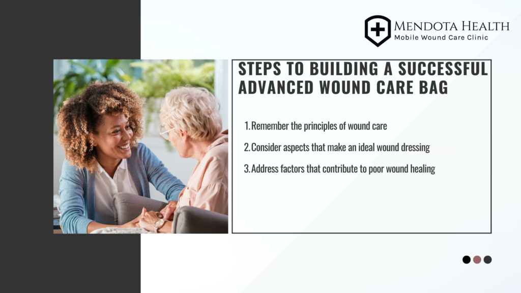 Nurse practitioner discussing wound care with elderly patient.